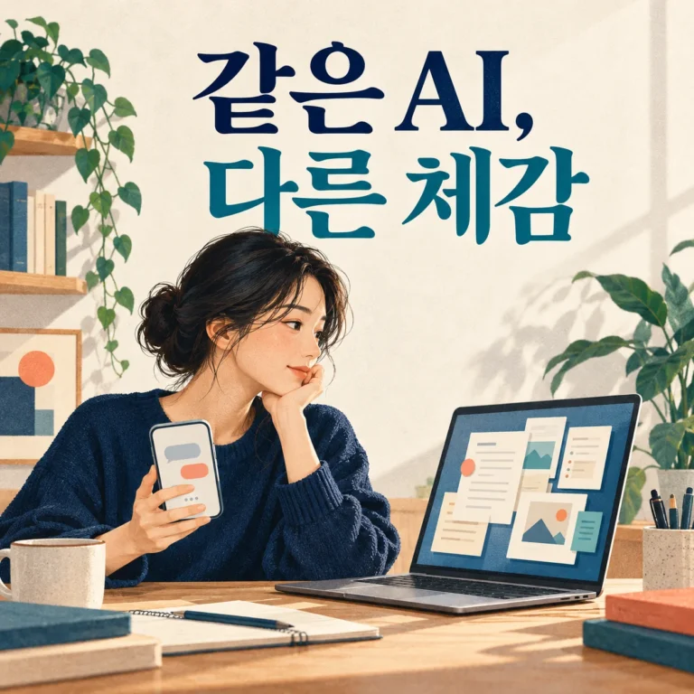 같은 AI, 다른 체감 문구와 챗봇·작업 결과물을 비교하는 사람의 일러스트