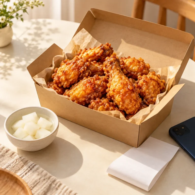 치킨값과 주문 비용을 설명하는 포장 치킨 상자와 영수증