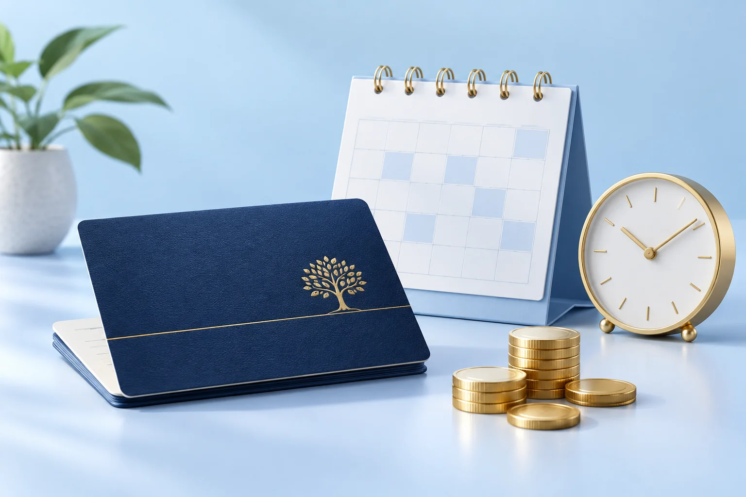 국민연금 조기수령을 상징하는 달력과 시계, 연금 통장