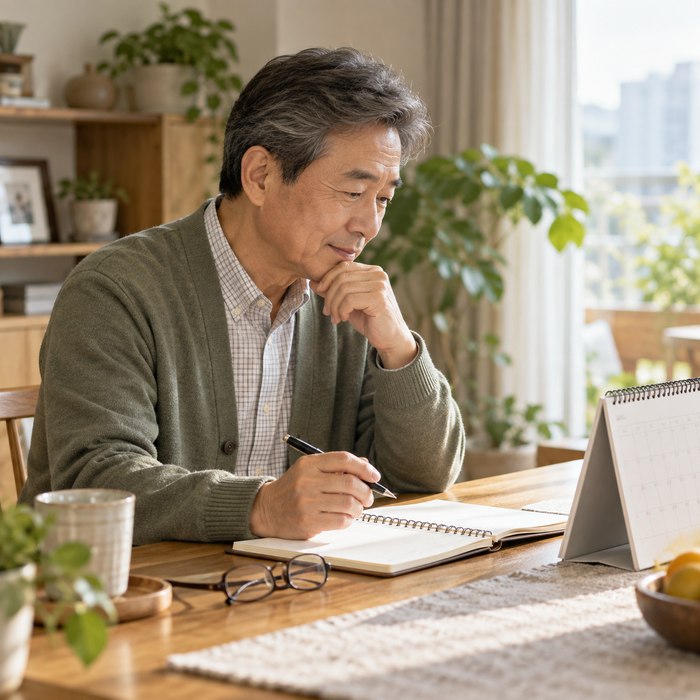 달력과 가계부를 보며 국민연금 월 납부 계획을 점검하는 중장년 남성의 설명용 이미지